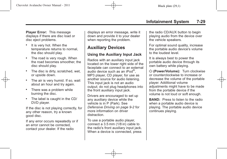 Auxiliary devices, Auxiliary devices -29, Infotainment system 7-29 | CHEVROLET 2011 Avalanche User Manual | Page 233 / 508