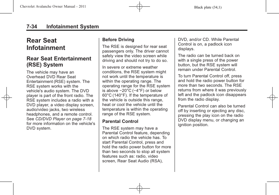 Rear seat infotainment, Rear seat entertainment (rse) system, Rear seat infotainment -34 | Rear seat entertainment, Rse) system -34 | CHEVROLET 2011 Avalanche User Manual | Page 238 / 508
