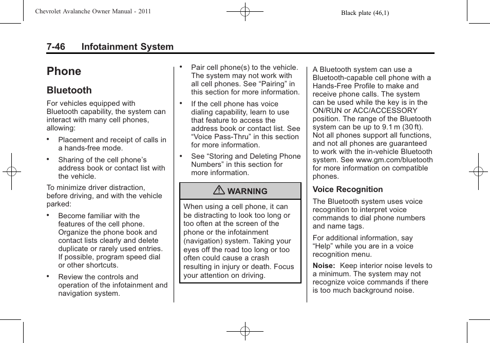 Phone, Bluetooth, Phone -46 | Bluetooth -46, 46 infotainment system | CHEVROLET 2011 Avalanche User Manual | Page 250 / 508