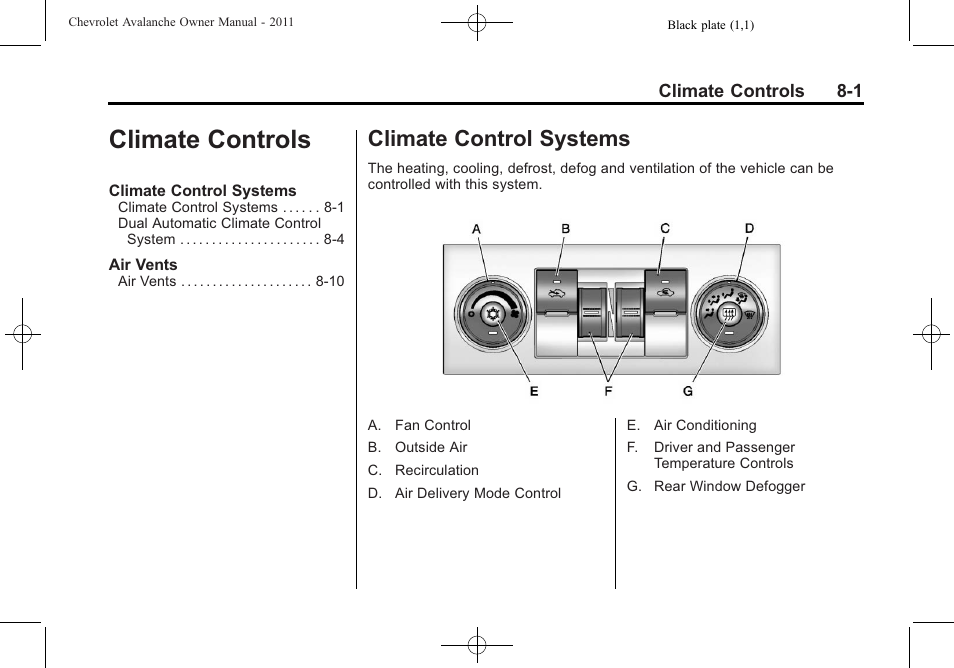 Climate controls, Climate control systems, Climate controls -1 | Systems -1, Climate control systems on | CHEVROLET 2011 Avalanche User Manual | Page 259 / 508