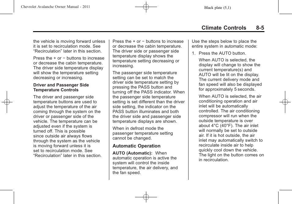 Climate controls 8-5 | CHEVROLET 2011 Avalanche User Manual | Page 263 / 508