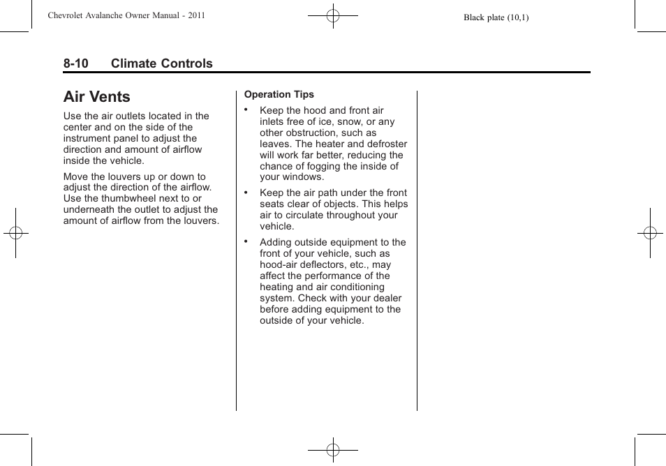 Air vents, Air vents -10, 10 climate controls | CHEVROLET 2011 Avalanche User Manual | Page 268 / 508