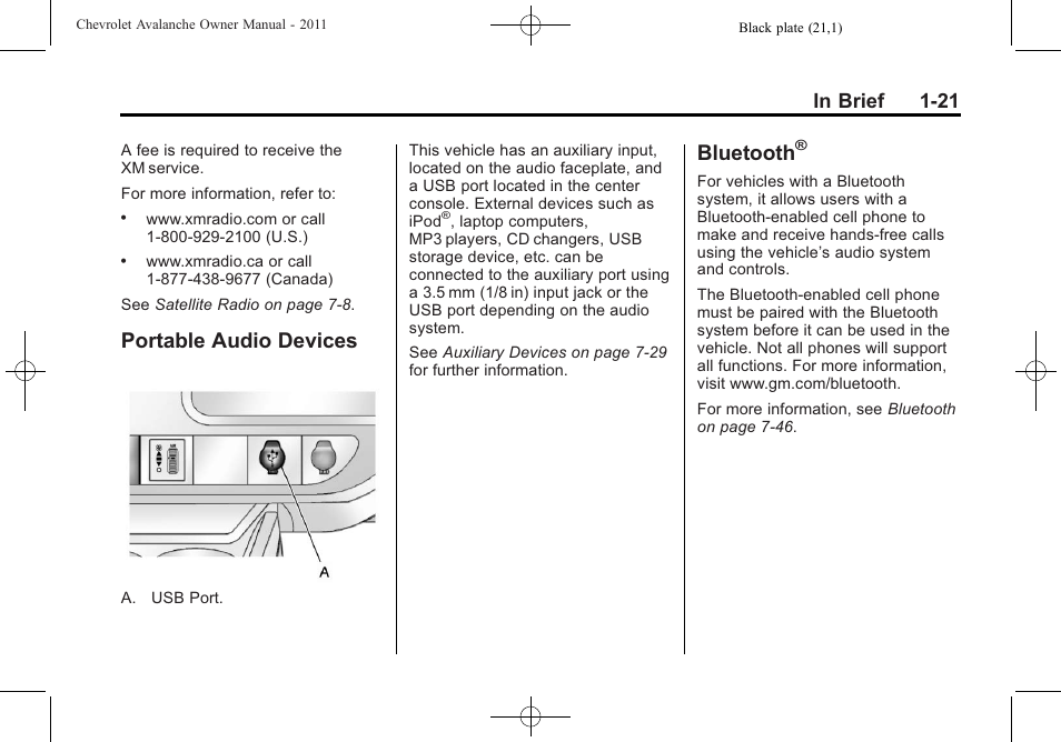 Portable audio devices, Bluetooth, Portable audio devices -21 bluetooth | CHEVROLET 2011 Avalanche User Manual | Page 27 / 508