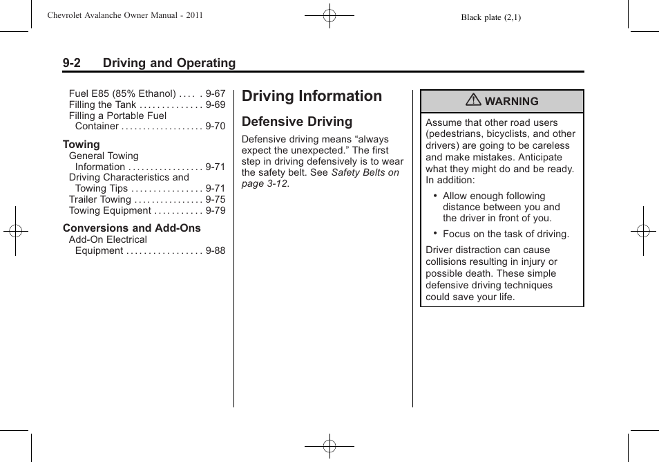Driving information, Defensive driving, Driving information -2 | Defensive driving -2 | CHEVROLET 2011 Avalanche User Manual | Page 270 / 508