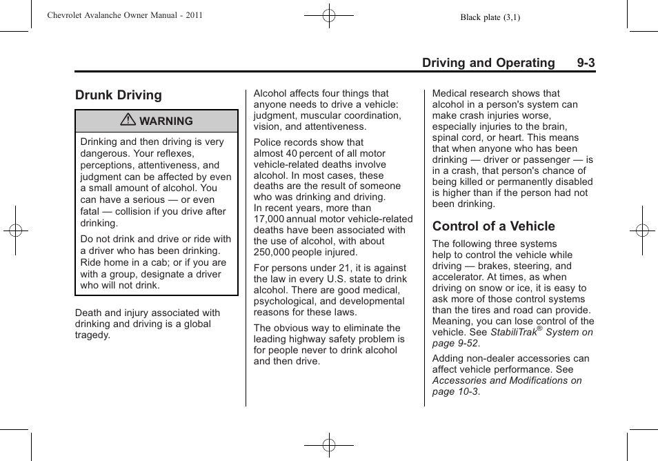 Drunk driving, Control of a vehicle, Drunk driving -3 control of a vehicle -3 | CHEVROLET 2011 Avalanche User Manual | Page 271 / 508
