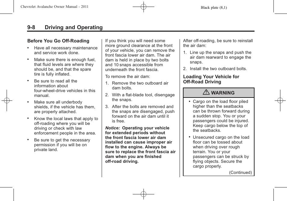 8 driving and operating | CHEVROLET 2011 Avalanche User Manual | Page 276 / 508