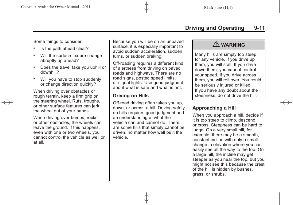 Driving and operating 9-11 | CHEVROLET 2011 Avalanche User Manual | Page 279 / 508