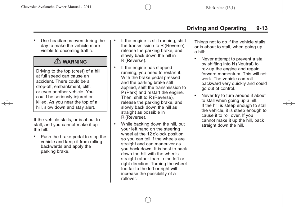 Driving and operating 9-13 | CHEVROLET 2011 Avalanche User Manual | Page 281 / 508