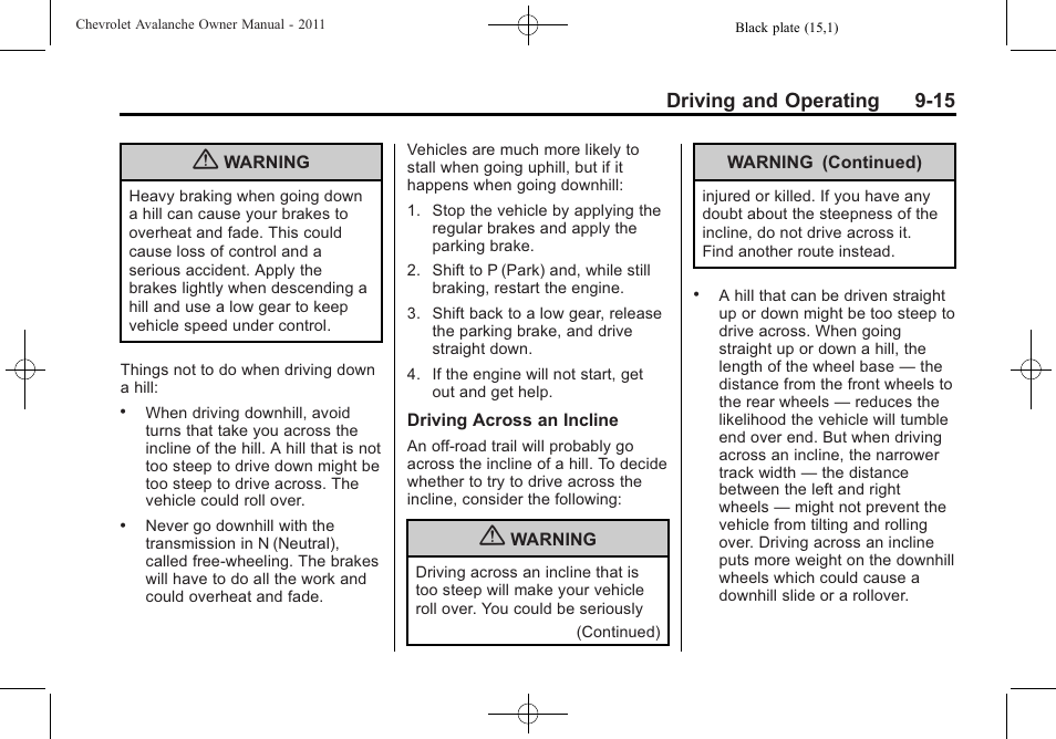 Driving and operating 9-15 | CHEVROLET 2011 Avalanche User Manual | Page 283 / 508