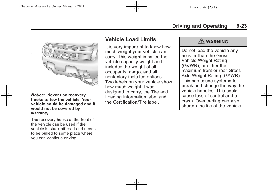 Vehicle load limits, Vehicle load limits -23 | CHEVROLET 2011 Avalanche User Manual | Page 291 / 508