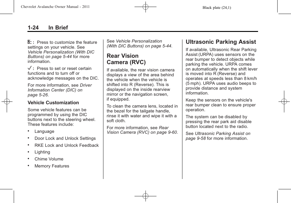 Rear vision camera (rvc), Ultrasonic parking assist, Vision | Camera (rvc) -24, Ultrasonic parking assist -24, 24 in brief | CHEVROLET 2011 Avalanche User Manual | Page 30 / 508