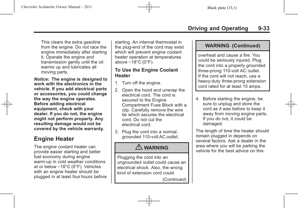 Engine heater, Engine heater -33, Brakes | CHEVROLET 2011 Avalanche User Manual | Page 301 / 508