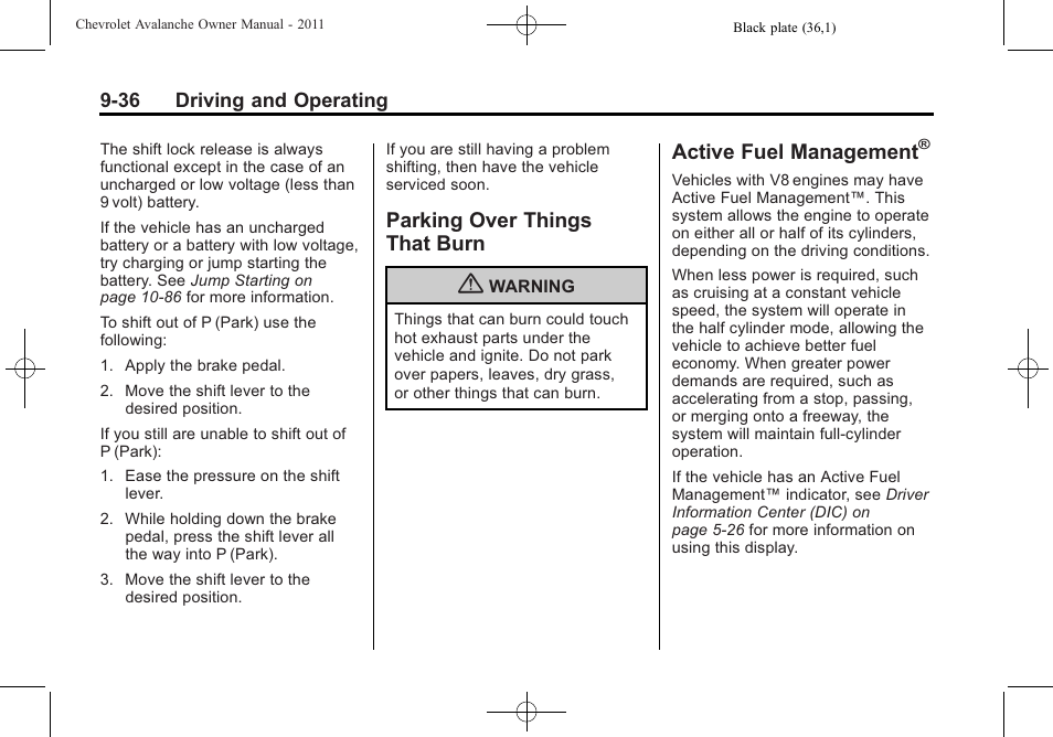 Parking over things that burn, Active fuel management, Parking over things | That burn -36 | CHEVROLET 2011 Avalanche User Manual | Page 304 / 508