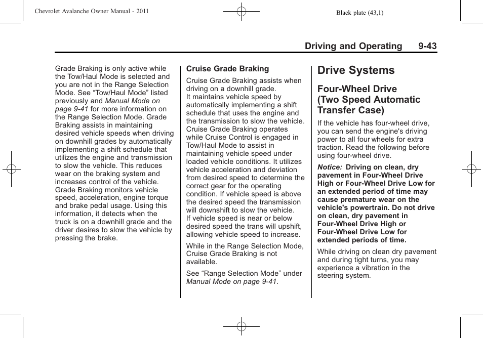 Drive systems, Four-wheel drive (two speed, Automatic transfer case) -43 | Fuel | CHEVROLET 2011 Avalanche User Manual | Page 311 / 508