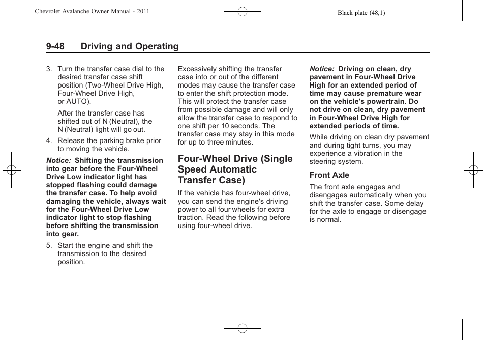 Four-wheel drive (single, Speed automatic transfer case) -48, 48 driving and operating | CHEVROLET 2011 Avalanche User Manual | Page 316 / 508
