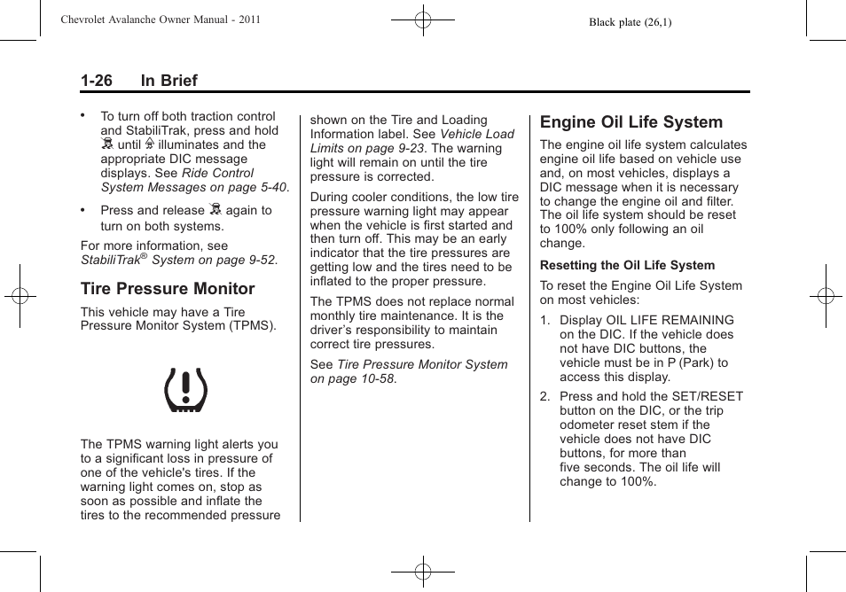 Tire pressure monitor, Engine oil life system, 26 in brief | CHEVROLET 2011 Avalanche User Manual | Page 32 / 508