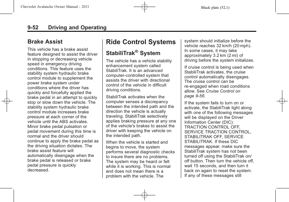 Brake assist, Ride control systems, Stabilitrak® system | Stabilitrak, System on, Brake assist -52, System -52, System | CHEVROLET 2011 Avalanche User Manual | Page 320 / 508