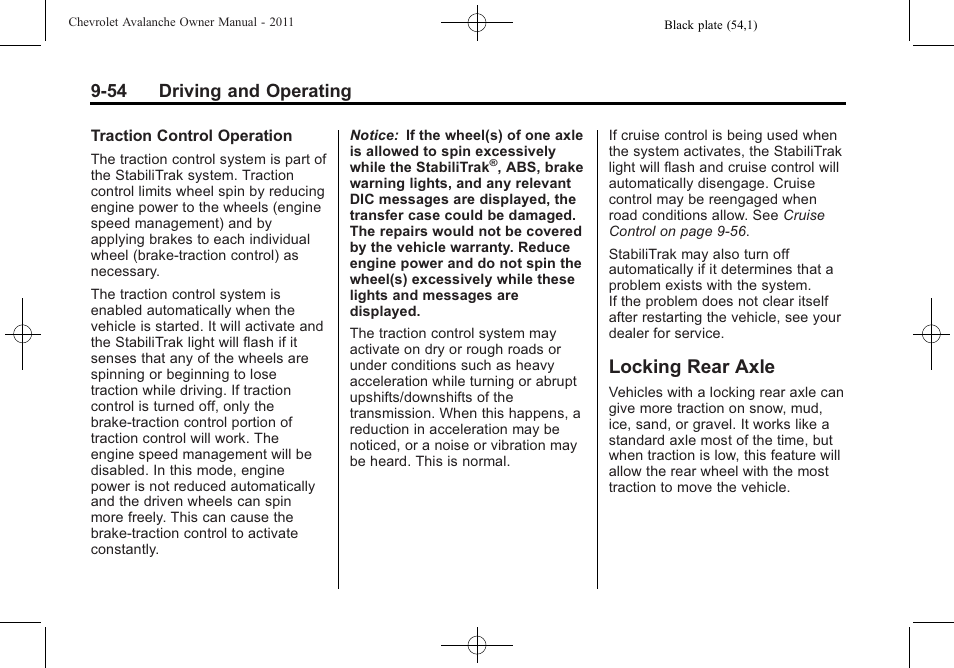 Locking rear axle, Locking rear axle -54, 54 driving and operating | CHEVROLET 2011 Avalanche User Manual | Page 322 / 508