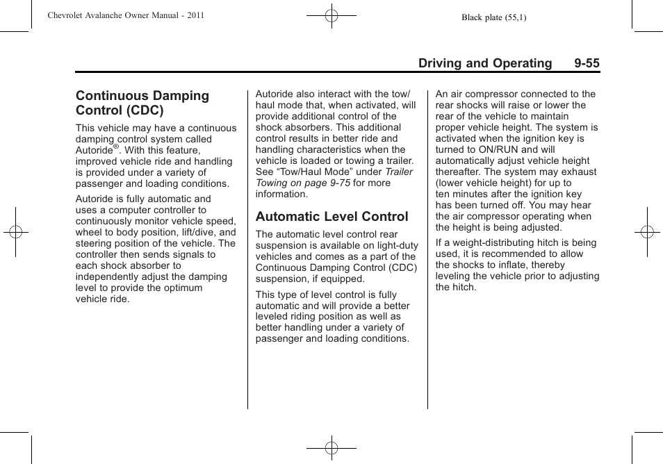 Continuous damping control (cdc), Automatic level control, Continuous damping | Control (cdc) -55, Automatic level control -55 | CHEVROLET 2011 Avalanche User Manual | Page 323 / 508