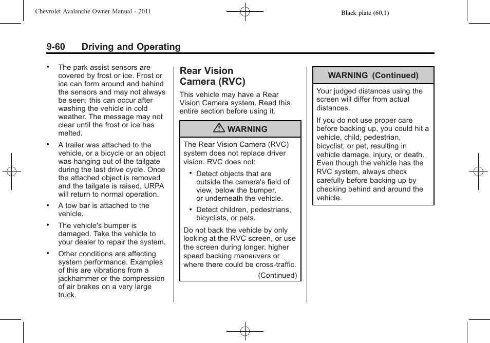 Rear vision camera (rvc), Rear vision, Camera (rvc) -60 | 60 driving and operating | CHEVROLET 2011 Avalanche User Manual | Page 328 / 508