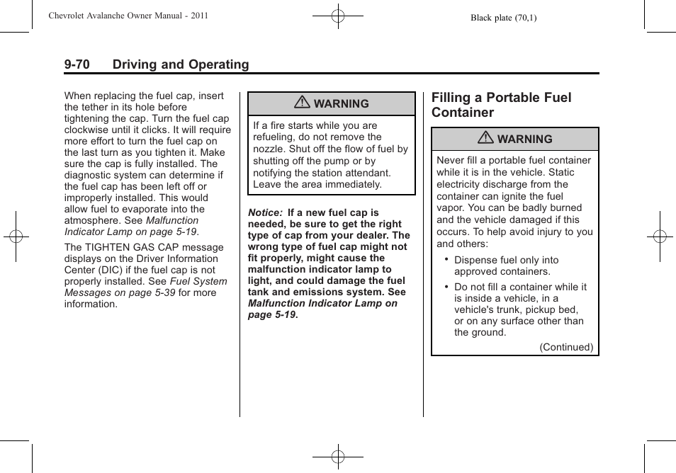 Filling a portable fuel container, Filling a portable fuel, Container -70 | CHEVROLET 2011 Avalanche User Manual | Page 338 / 508