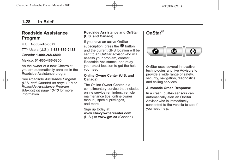 Roadside assistance program, Onstar, Assistance | Program -28 | CHEVROLET 2011 Avalanche User Manual | Page 34 / 508