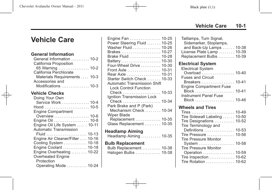 Vehicle care, Care -1, Vehicle care 10-1 | CHEVROLET 2011 Avalanche User Manual | Page 357 / 508