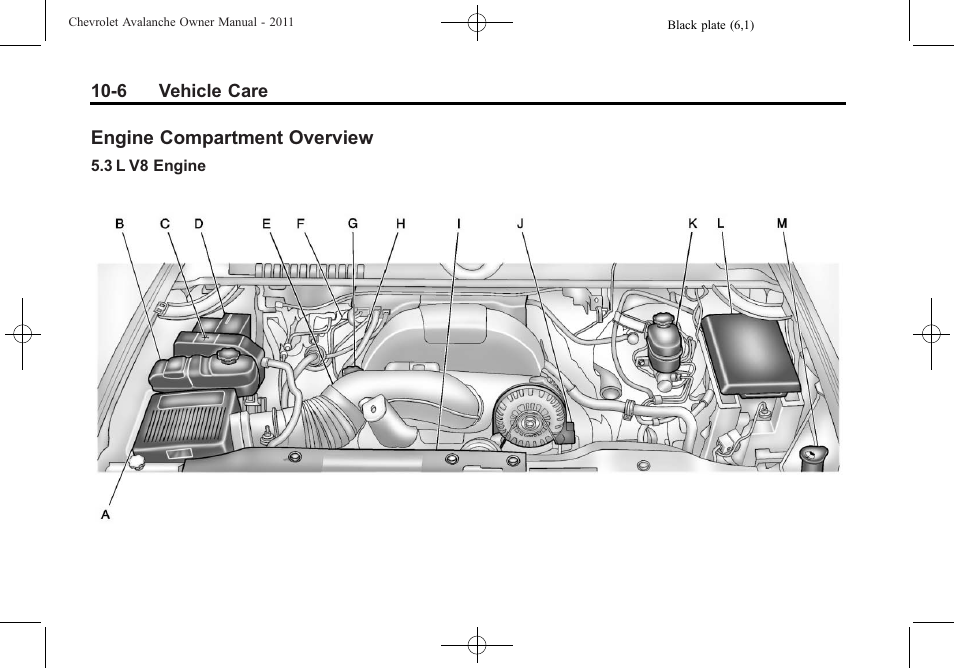 Engine compartment overview, Engine compartment, Overview -6 | CHEVROLET 2011 Avalanche User Manual | Page 362 / 508
