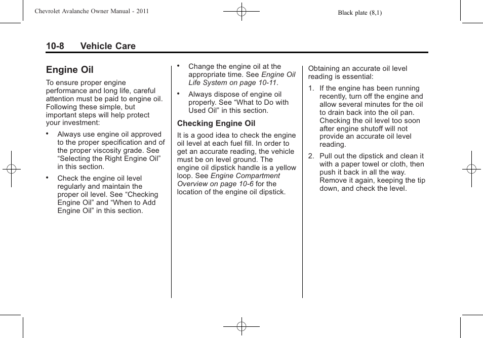 Engine oil, Engine oil -8, Replacement | 8 vehicle care | CHEVROLET 2011 Avalanche User Manual | Page 364 / 508