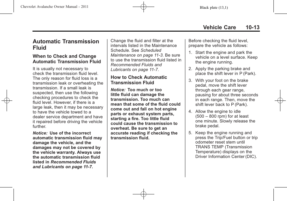 Automatic transmission fluid, Automatic transmission, Fluid -13 | Headlamp, Vehicle care 10-13 | CHEVROLET 2011 Avalanche User Manual | Page 369 / 508