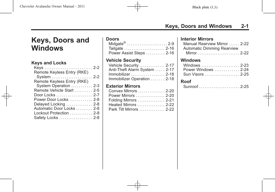 Keys, doors and windows, Keys, doors and windows -1 | CHEVROLET 2011 Avalanche User Manual | Page 37 / 508