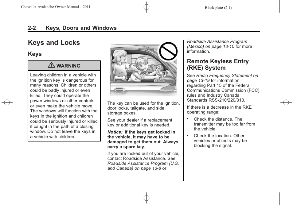 Keys and locks, Keys, Remote keyless entry (rke) system | Keys and locks -2, Warning lights, gauges, Keys -2 remote keyless entry (rke), System -2 | CHEVROLET 2011 Avalanche User Manual | Page 38 / 508