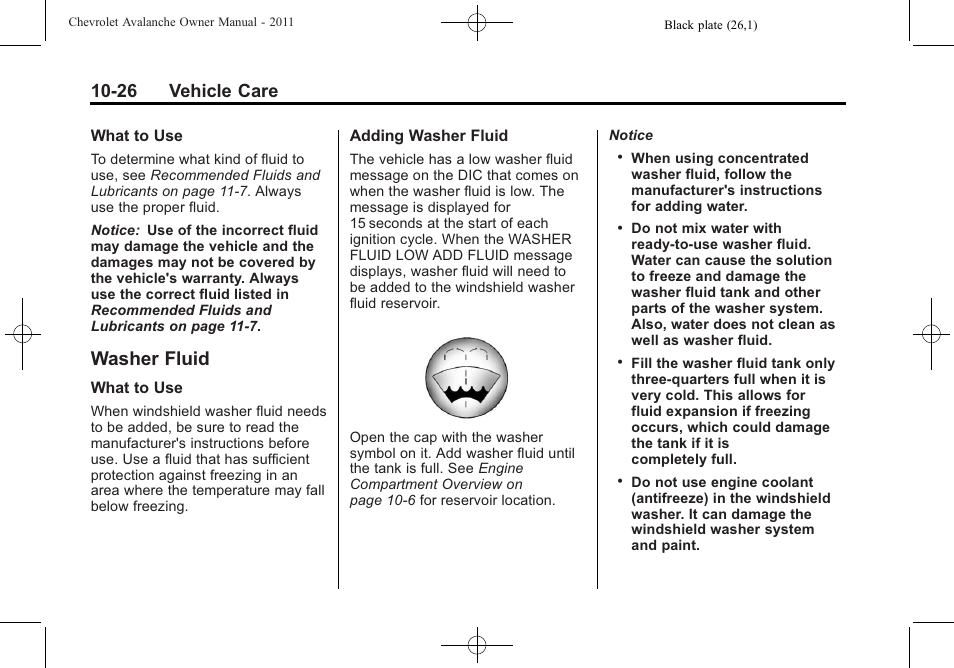 Washer fluid, Washer fluid -26, 26 vehicle care | CHEVROLET 2011 Avalanche User Manual | Page 382 / 508