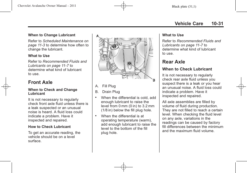 Front axle, Rear axle, Front axle -31 rear axle -31 | Overload, Vehicle care 10-31 | CHEVROLET 2011 Avalanche User Manual | Page 387 / 508
