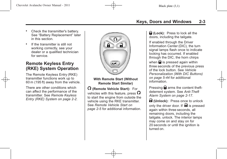 Remote keyless entry (rke) system operation, Remote keyless entry (rke), System operation -3 | Exterior | CHEVROLET 2011 Avalanche User Manual | Page 39 / 508