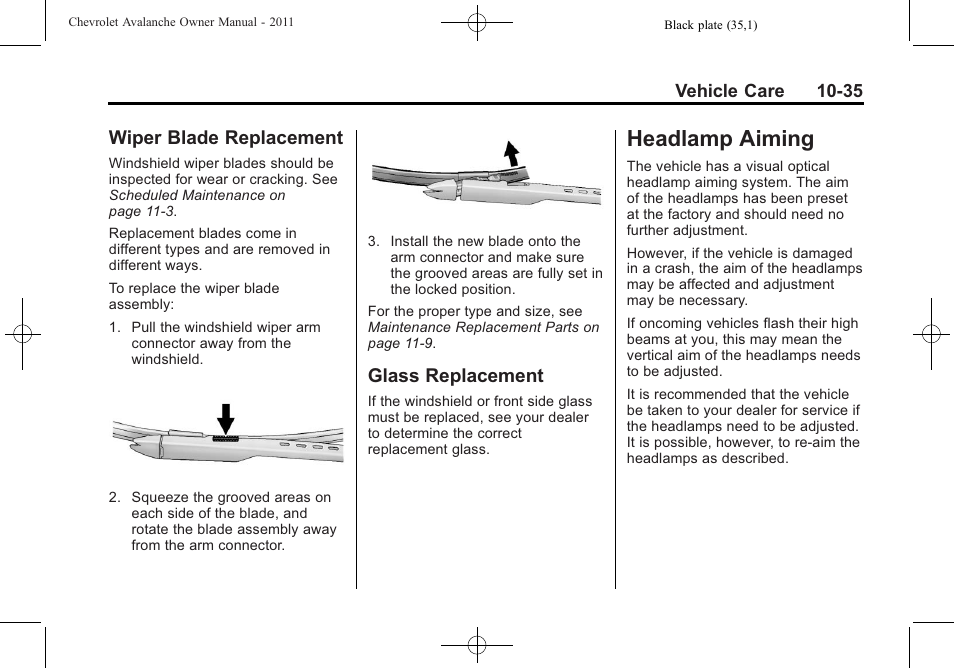 Wiper blade replacement, Glass replacement, Headlamp aiming | Wiper blade, Replacement -35, Aiming -35 | CHEVROLET 2011 Avalanche User Manual | Page 391 / 508
