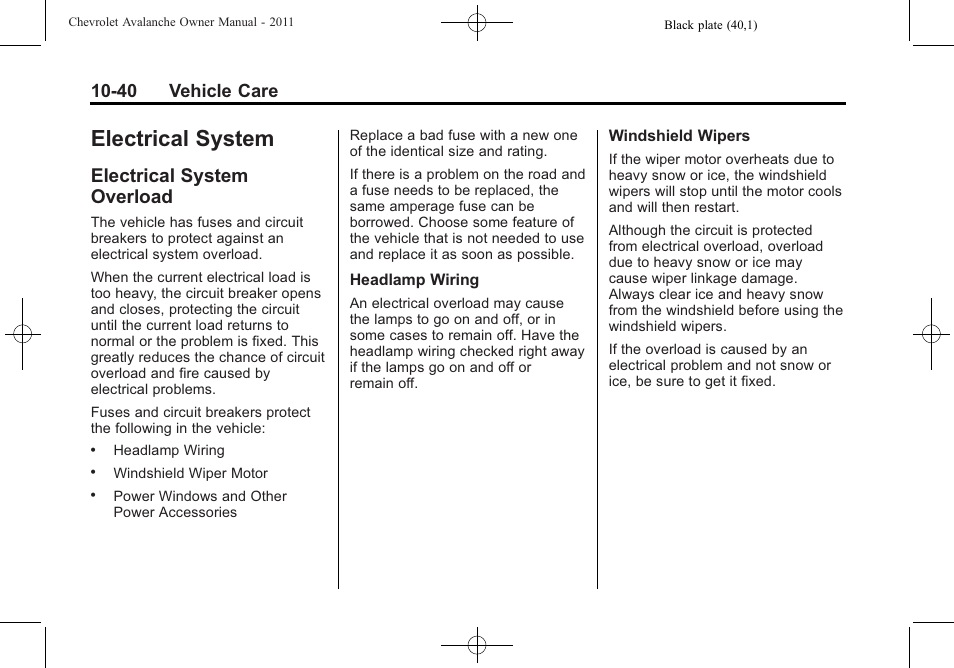 Electrical system, Electrical system overload, 40 vehicle care | CHEVROLET 2011 Avalanche User Manual | Page 396 / 508