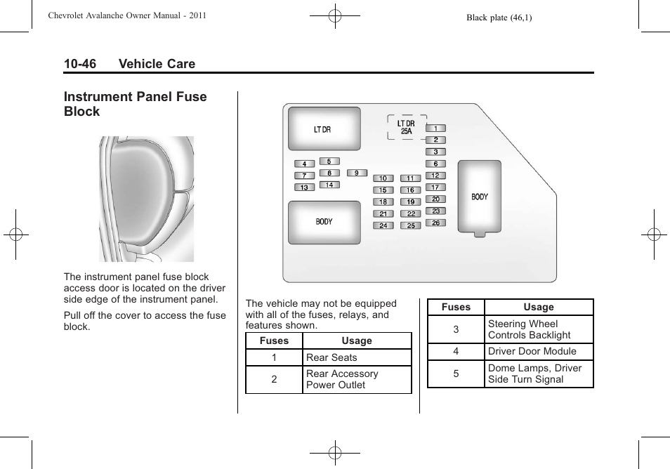 Instrument panel fuse block, Instrument panel fuse, Block -46 | 46 vehicle care | CHEVROLET 2011 Avalanche User Manual | Page 402 / 508