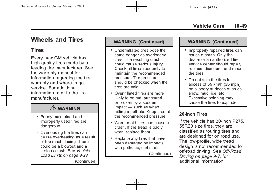 Wheels and tires, Tires, Wheels and tires -49 | Tires -49, Vehicle care 10-49 | CHEVROLET 2011 Avalanche User Manual | Page 405 / 508