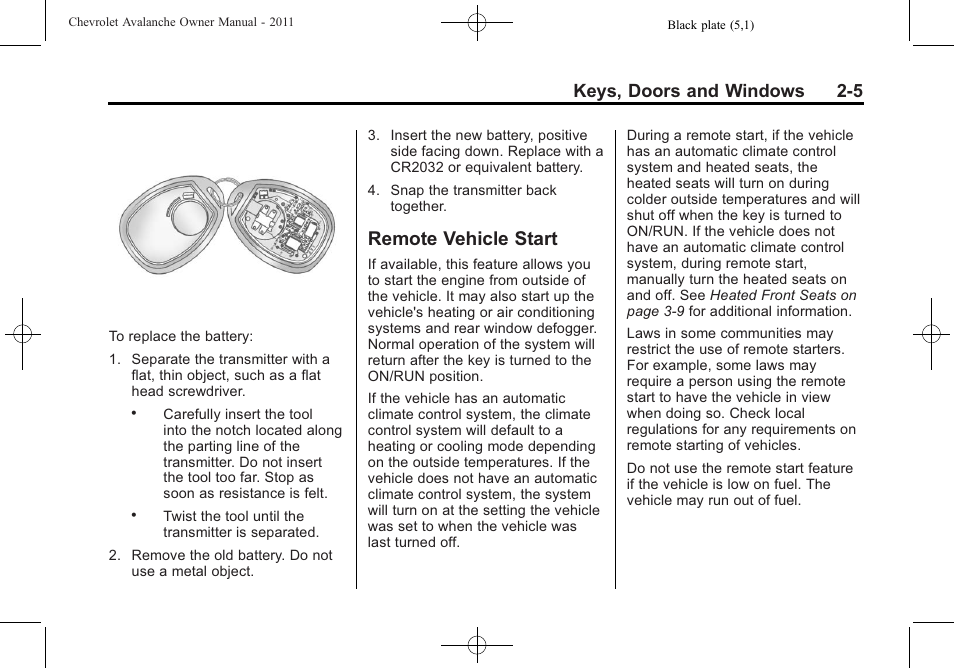 Remote vehicle start, Remote vehicle start -5, Keys, doors and windows 2-5 | CHEVROLET 2011 Avalanche User Manual | Page 41 / 508