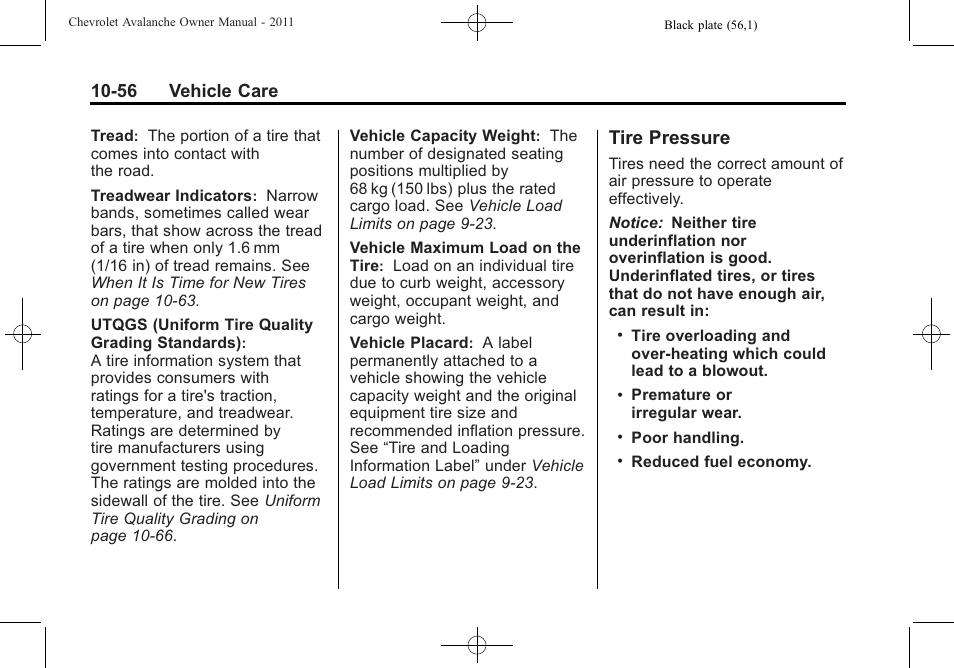 Tire pressure, Tire pressure -56, Tire | 56 vehicle care | CHEVROLET 2011 Avalanche User Manual | Page 412 / 508