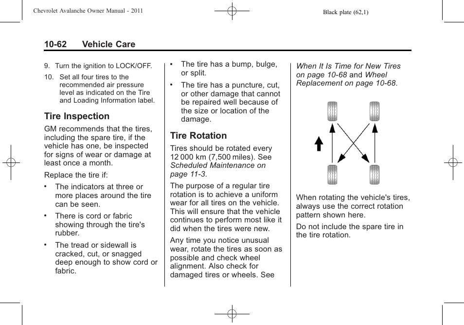 Tire inspection, Tire rotation, Tire inspection -62 tire rotation -62 | 62 vehicle care | CHEVROLET 2011 Avalanche User Manual | Page 418 / 508