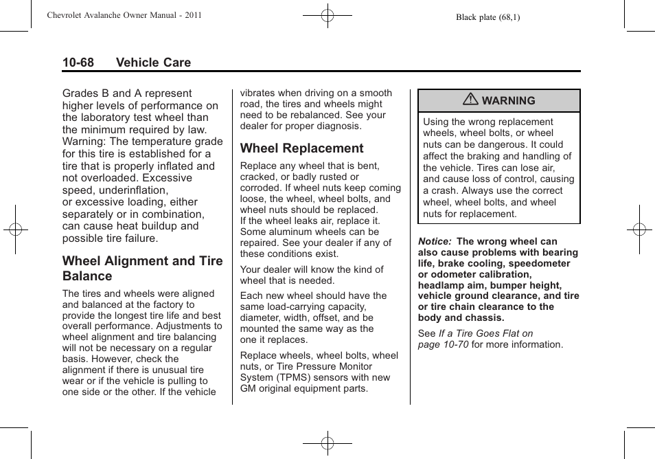 Wheel alignment and tire balance, Wheel replacement, Wheel alignment and tire | Balance -68, Wheel replacement -68 | CHEVROLET 2011 Avalanche User Manual | Page 424 / 508