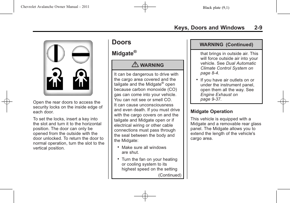 Doors, Midgate, Doors -9 | Indicators, Manual rearview, Keys, doors and windows 2-9 | CHEVROLET 2011 Avalanche User Manual | Page 45 / 508