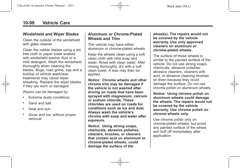 98 vehicle care | CHEVROLET 2011 Avalanche User Manual | Page 454 / 508