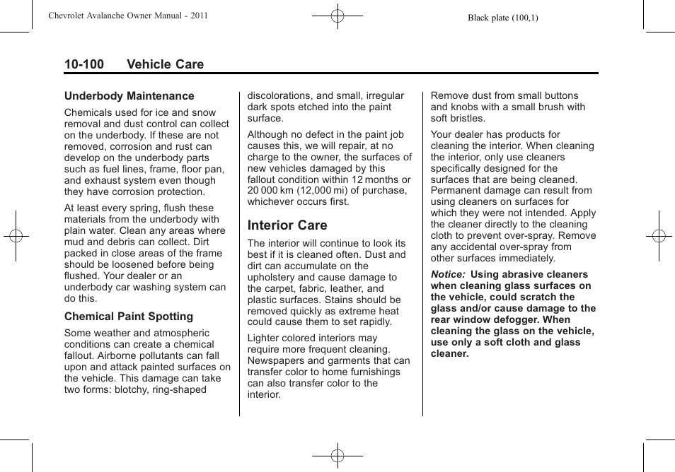 Interior care, Interior care -100 | CHEVROLET 2011 Avalanche User Manual | Page 456 / 508
