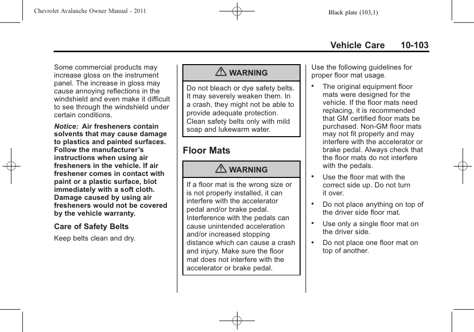 Floor mats, Floor mats -103 | CHEVROLET 2011 Avalanche User Manual | Page 459 / 508