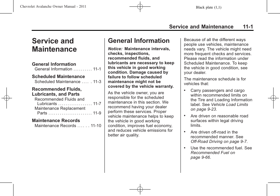 Service and maintenance, General information, Service and maintenance -1 | General information -1, Service and maintenance 11-1 | CHEVROLET 2011 Avalanche User Manual | Page 461 / 508