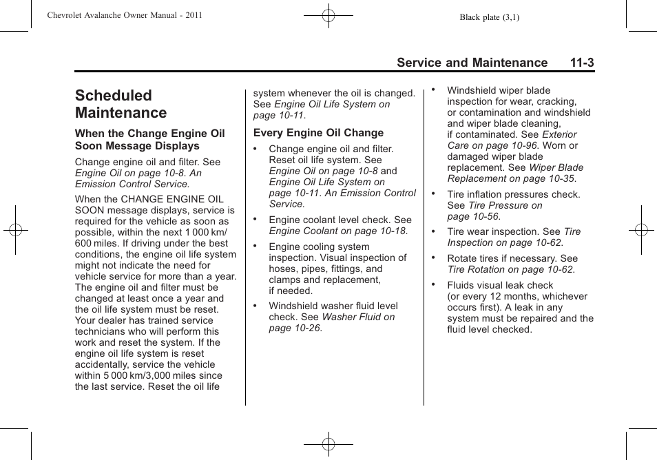 Scheduled maintenance, Scheduled maintenance -3, Maintenance | Service and maintenance 11-3 | CHEVROLET 2011 Avalanche User Manual | Page 463 / 508