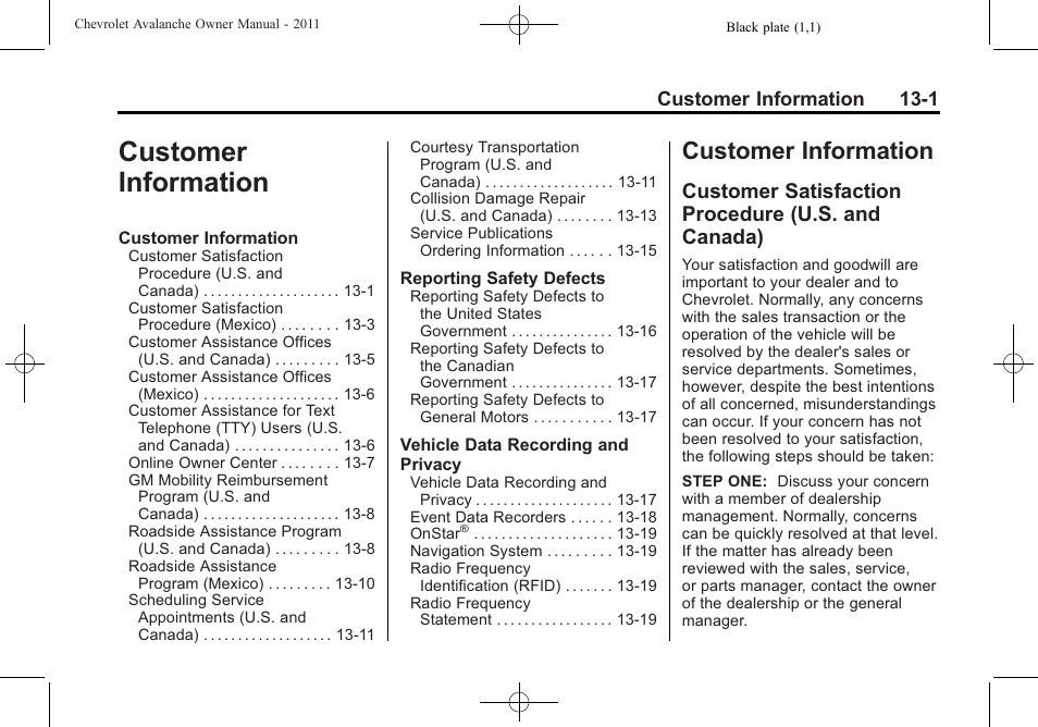 Customer information, Customer satisfaction procedure (u.s. and canada), Customer information -1 | Customer information 13-1 | CHEVROLET 2011 Avalanche User Manual | Page 477 / 508